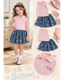 Girls’ Pink Polo Knit Top & Light Blue Heart Print Denim Skirt