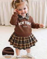 Baby Girl Brown Plaid Vintage Collared Dress Set