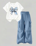 Girls Bow Print Round Neck T-Shirt And Cargo Pants