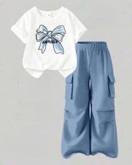 Girls Bow Print Round Neck T-Shirt And Cargo Pants