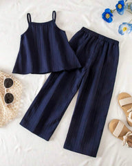 2pcs Blue Ruffle Trim Camisole & Wide Leg Pants