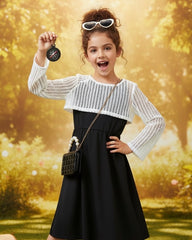 2pcs Spring/Summer Solid Color Outfit Set For Tween Girls - Long-Sleeved Hollow Crop Top And Sleeveless Dress With Round Neckline