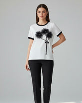 Plus Size Women B&W 3D Floral Embellishment T-Shirt