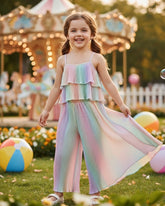 2 Pcs Set Rainbow Ombre Pleated Spaghetti Strap Crop Top With Wide Leg Pants Summer Outfits
