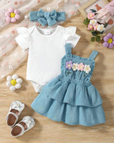 3pcs Baby Girls Set: Cap Sleeve Romper + Blue Floral Embroidered Ruffle Dress + Headband