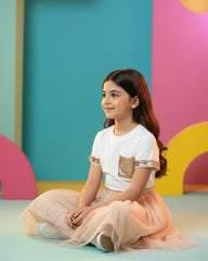 2pcs Tween Girl Beaded Decor Round Neck Short Sleeve T-Shirt And Beige Elegant Mesh Sequin Skirt
