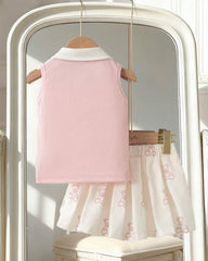 2pcs Pink Baby Girl Bear Embroidery Sleeveless Top and Off-White Pleated Skirt