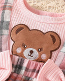 Baby Girls' Ruffle Sleeve Patchwork Cartoon Bear Bow Pink Embroidered Dress + Headband