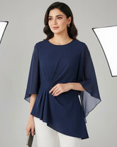 Women Flowy Navy Blue Butterfly Sleeve Waist Cinched Top