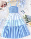 Tween Girl Blue Colorblock Bow Shoulder Ruffle Hem Cami Dress