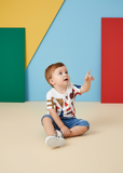 2pcs/Set Boy Summer Geometric Print Short Sleeve T-Shirt + Denim Effect Shorts Outfit