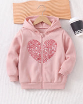 Young Girl Heart Print Hooded Zip-Up Cardigan