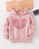 Young Girl Heart Print Hooded Zip-Up Cardigan