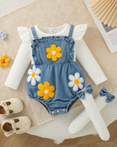 Baby Girl 3D Floral Flutter Sleeve Denim Overall Bodysuit + Bow Ruffle Socks