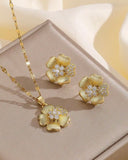 Stainless Steel Floral Pendant Necklace & Earrings Set