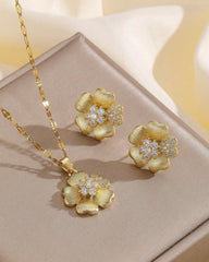 Stainless Steel Floral Pendant Necklace & Earrings Set