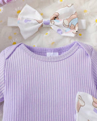 3pcs Baby Girls Purple Ribbed Romper & Ruffled Overall Dress Set with Bow Headband