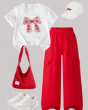 Tween Girls Red Bow Embroidered Shirt and Cargo Pants Set