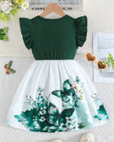 Girls’ Green Summer Ruffled Sleeve Bow-Tie Butterfly Print Dress
