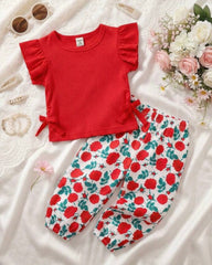 Baby Girls Red Striped Ruffle Sleeve T-Shirt & Floral Pants Set β 2pcs Summer Outfit