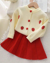 Girls' Red Long Sleeve Fruit Pom Pom Decorated Sweater And Pleated Skirt
