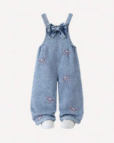 Girls Medium Blue Denim Bib Overalls with Pink Bow Embroidery & Large Bow