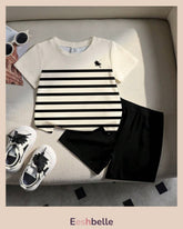 2pcs Boys Striped White & Black Polo Style Shirt and Shorts Set