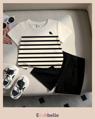 2pcs Boys Striped White & Black Polo Style Shirt and Shorts Set