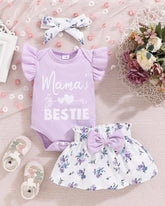 Adorable Purple Baby Girl Printed “Mama’s Bestie” Bodysuit & Flower Skirt Set