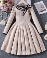 Girls Elegant Bow Collar Long Sleeve Dress