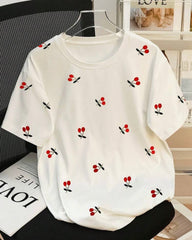 Women's Casual Cherry Print Short Sleeve T-Shirt, Summer