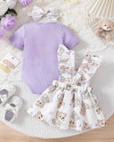3pcs Baby Girls Purple Ribbed Romper & Ruffled Overall Dress Set with Bow Headband