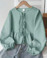 Tween Girls Green Textured Bow Tie Long Sleeve Shirt