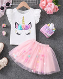 Girls Pink 3D Unicorn Cap Sleeve T-Shirt & Mesh Skirt 2-Piece Set