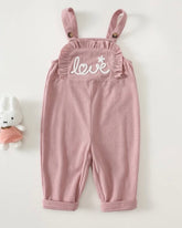 Baby Girl Pink Corduroy Letter Embroidered Ruffle Trim Ribbed Texture Overalls