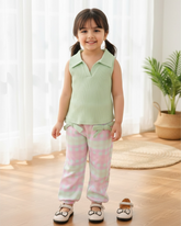 2pcs Girls’ Green Knit Shirt & Ombre Plaid Pants