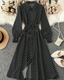 Polka Dot Print Lantern Sleeve Belted Shirt Dress Maxi Women Outfit Fall Cloth For Women
