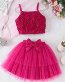 Girls Fuchsia Floral Embroidery Top & Tulle Skirt 2-Piece Set
