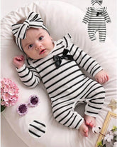 Newborn Baby Girl 2-Piece Black & White Striped Knit Romper Set with Headband