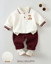 Baby Boy Bear Knitted 2-Piece Winter Outfit- White & Meroon