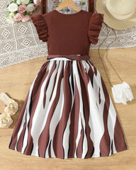 Tween Girls Fashionable Geometric Print Ribbed Brown Dress