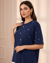 Women’s Navy Blue Beaded T-Shirt