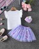 Girls Purple 3D Unicorn Cap Sleeve T-Shirt & Mesh Skirt 2-Piece Set