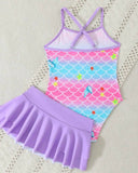 Young Girls Mermaid Tail Print One-Piece Swimsuit with Skirt