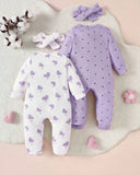 Newborn Baby Girl 4pc Set – Heart & Polka Dot Long Sleeve Zipper Romper with Headband