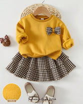 Baby Girl Butter Yellow Sweatshirt & Plaid Skirt Set