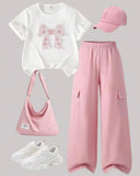 Tween Girls Pink Bow Embroidery T-Shirt with Cargo Pants Set