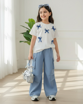 Tween Girl 3D Bow Short Sleeve Top And Cargo Pants Set