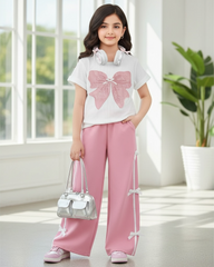 Tween Girls Pink Graphic Tee & Bow Pants Set