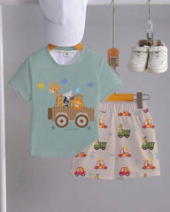 Baby Boy Cartoon Car & Animal Print T-Shirt & Shorts 2pcs Set